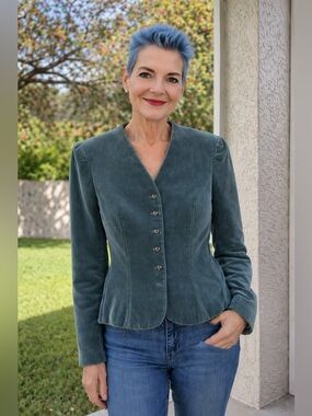Vintage Prophecy Blue Velvet Fitted Blazer Jacket Size 8 Fits 4 Tailored 90s